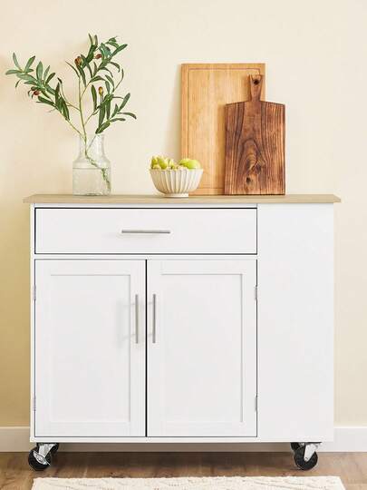 SoBuy Kitchen Island With Worktop, Mobile Kitchen Trolley & Serving Trolley With Drawer, Freestanding Kitchen Island On Wheels For Kitchen, Dining Room & Outdoor, White W99 X H85 X D40 Cm FKW133-WN