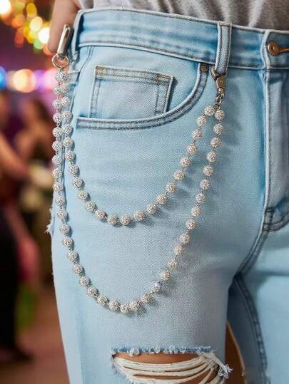 1pc Unisex Hiphop Beaded Chain Jeans Waist Belt, Red & White Disco Bead Decor, Gothic Style Accessory Gift