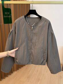 Women's Casual Jacket, Striped Woven Fabric, Pockets, Zipper, Puff Shoulder Design, Oversized Fit, Suitable For Various Figures, High-Quality Solid Color, Simple & Fashionable, Versatile For Daily Commute In Autumn/Winter - Grey - View 5