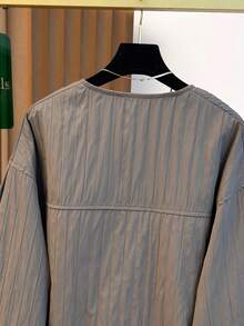 Women's Casual Jacket, Striped Woven Fabric, Pockets, Zipper, Puff Shoulder Design, Oversized Fit, Suitable For Various Figures, High-Quality Solid Color, Simple & Fashionable, Versatile For Daily Commute In Autumn/Winter - Grey - View 9