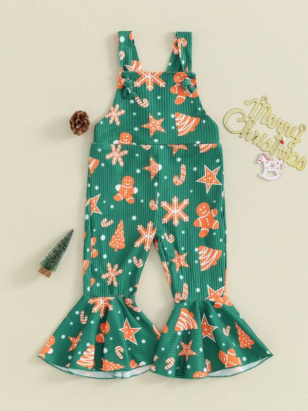 Toddler Baby Girl Christmas Outfit Gingerbread Man Suspender Romper Jumpsuit Overalls Bell Bottom Pants Fall Clothes