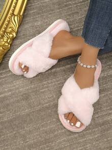 女士交叉毛茸茸拖鞋，柔軟舒適的家居拖鞋，溫暖舒適的露趾室內外鞋，透氣粉色拖鞋