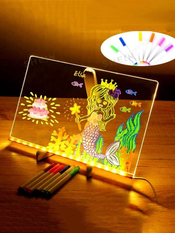 Tableau à effacer à sec en acrylique avec éclairage LED et support en tant que tableau mémo lumineux. Tableau à effacer à sec avec panneau de message LED, tableau à notes LED, tableau blanc avec stylo 7 couleurs. Convient pour les bureaux, les écoles et les maisons. Cadeau d'anniversaire, cadeau de Noël