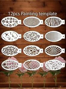 12 pièces Ensemble de pochoirs réutilisables pour maquillage et peinture de visage, pinceaux lavables pour tatouages temporaires sur le visage et le corps avec plaque de tamponnage. Convient pour les fêtes, festivals et peinture corporelle. - Multicolore - Voir 1