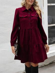 Women's Solid Color Bubble Sleeve Single-Breasted Ruffle Hem Casual Shirt Dress, Autumn - Red - View 4