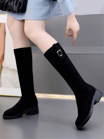 Botas altas elásticas de tacón grueso negro slim de la nueva temporada otoño/invierno 2025, botas de montar slim