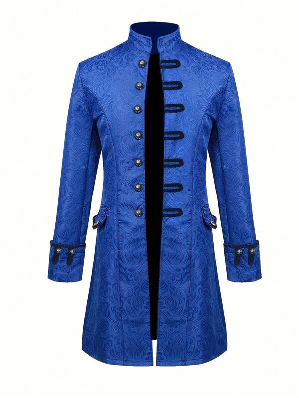 Medieval Style Men's Stand Collar English Vintage Performance Coat Jacket, Mid-Length Outerwear For Halloween Costume Party