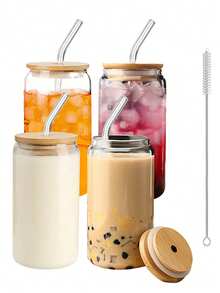 4/6pcs, 500ml/16.8oz Glass Cups, Transparent Glass Coffee Cups, Iced Coffee Cups, With Lids, Straws, Straw Brushes, Reusable, Suitable For Coffee, Milk Tea, Juice, Suitable For Various Scenarios Such As Restaurants, Bars, Commercial Use, Etc - 4個杯子+4個蓋子+4個吸管+4個吸管刷 - 查看 11