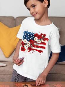Unique Floral American Flag Floral 4th Of July Novelty Awesome Graphic Kid T-Shirt Cute Kid T Shirts Trending Tees Tops For Kid - White - View 10
