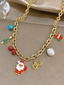 1 Pc Santa Claus Charm Necklace For Women Cute Pendant Stainless Steel Chain Necklace Daily Party Jewelry Christmas Gifts