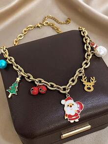 1 Pc Santa Claus Charm Necklace For Women Cute Pendant Stainless Steel Chain Necklace Daily Party Jewelry Christmas Gifts