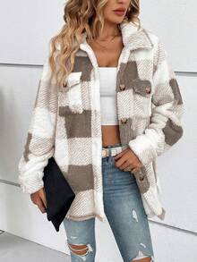 Damska jesienna kurtka w kratę z odkrytymi ramionami i kieszeniami z klapami, z motywem misia, bluzka z długim rękawem, odzież jesienno-zimowa - Kolor khaki - Zobacz 3