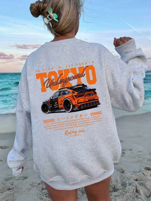 Women's Beach Car Letter Print Crew Neck Sweatshirt, Heather Gray Casual Stylish Top, Suitable For Autumn/Winter, Graduation, Back To School Season