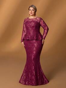 Faeriesty Mosy​ ​Elegant Plus-Size Mother Of The Bride Dress: Small Round Neckline, Flattering Long Sleeves, Dramatic Fish Tail Skirt, Chic 2 In 1 Design. Perfect For Formal Wedding Ceremonies, Black Tie Galas, Grand Evening Banquets, Upscale Anniversary Celebrations, Sophisticated Fundraising Balls.​​