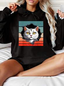 Women's Fashionable Black Hooded Sweater With Adorable Cat Face Pattern Print - Warm Long-Sleeved Pullover, Casual Strap-On Hooded Sports Shirt, Suitable For All Seasons, Casual Pullover Shirt