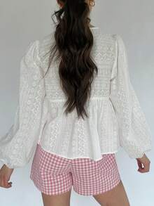 Lace Embroidery Patterns Babydoll Tops For Women Y2k Lantern Sleeve Crew Neck Tie Front Eyelet Going Out Peplum Loose Cute T-Shirts Fall Dressy Blouses Streetwear RetroTrendy Outfit - 白色 - 查看 2