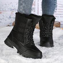 Botas de nieve hasta la pantorrilla para mujer, con forro térmico grueso, antideslizantes, de cordones y puntera redonda, negras, versátiles para el invierno