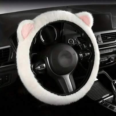 1pc Winter Goddess Flannel Steering Wheel Cover, With Cute Cat Ears, Warm Plush Grip, Soft & Comfortable Car Accessory