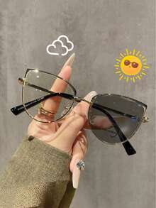 1pc Metal Round Cat Eye Frame Outdoor Photochromic Indoor Flexible Temples Fashion Glasses For Women - 黑色 - 查看 8