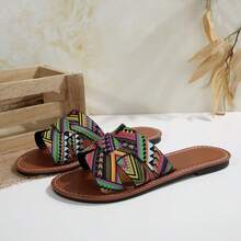 New Colorful Women Flat Sandals, Tropical Print Bohemian PU Leather Quilted Flat Sandals, Comfortable Breathable For Beach, Spring/Summer