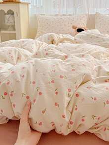 4pcs Romantic Tulip Floral Bedding Set (1*Duvet Cover + 1*Flat Sheet + 2*Pillowcases), Butterfly Print, Pink Sheet, Monet Garden, Sweet Home Decor, Machine Washable, All Season (No Filling) - Dusty Pink - View 6