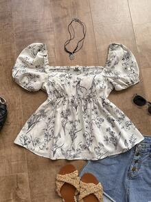 Rusttydustty Áo cánh tay bồng họa tiết hoa đen trắng cổ vuông mùa hè phong cách lãng mạn kiểu Pháp - trắng - Xem 1