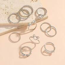 11pcs/Set Flower & Bow Rhinestone Inlaid Eternity Band Rings - Silver - View 5