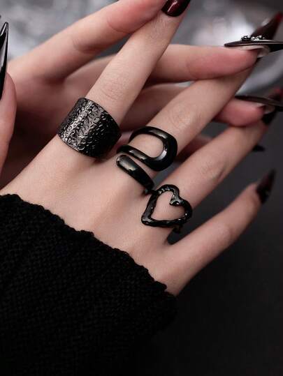 3 件不锈钢黑色心形，不对称形状，哥特式风格，适合女性万圣节装饰或礼物