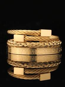 3pcs/Set Fashionable Stainless Steel Square Woven Roman Numeral Bracelet For Men, Suitable For Daily Wear, Party, Gift For Boyfriend - Multicolor - View 1