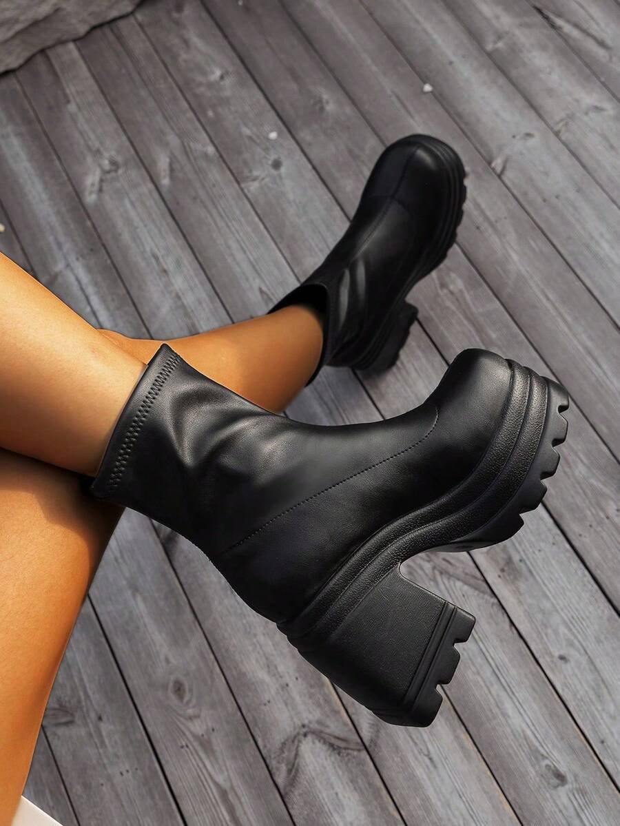 Women's Y2K Goth Platform Ankle Boots Fashion Chunky High Heels Pull On Round Toe Party Street Cosplay Boots Woman - 黑色PU - 查看 1
