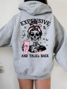 Plus Size Women Gothic Punk Style Loose Sweatshirt, Skull Print, Suitable For Daily Wear, Outings, Parties, School, Music Festivals, Vacations, Commuting And Other Occasions - Grey - View 5