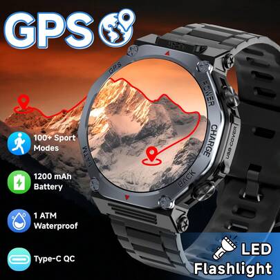 Outdoor GPS Smartwatch, 1200mAh Ultralange Akkulaufzeit, super helle Taschenlampe, 10 Meter wasserdicht, Notfall-Aufladung, 1,39 Zoll großer Bildschirm, Nachrichtenempfang, Anrufe beantworten, Musiksteuerung, Sportdatenerfassung, Schrittzähler, geeignet für Männer und Frauen