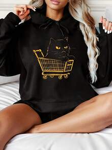 Women's Fashionable Black Hooded Sweater With Cat Pattern Print - Warm Long-Sleeved Pullover, Casual Strap-On Hooded Sports Shirt, Suitable For All Seasons, Casual Pullover Shirt