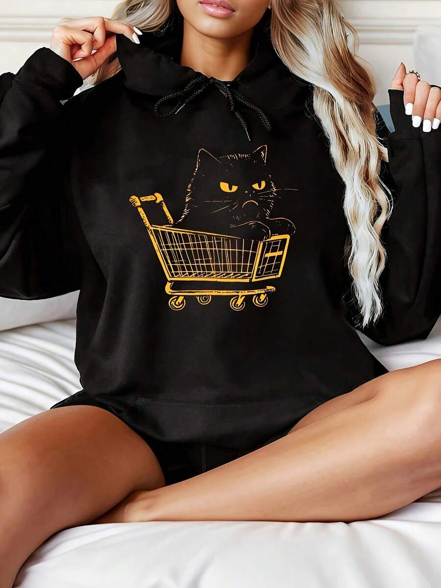 Women's Fashionable Black Hooded Sweater With Cat Pattern Print - Warm Long-Sleeved Pullover, Casual Strap-On Hooded Sports Shirt, Suitable For All Seasons, Casual Pullover Shirt