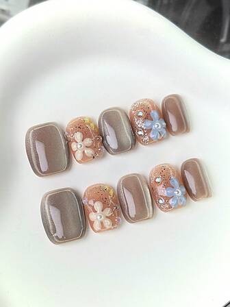 10pcs Short Square Press On Nails With Sheer Nude Pink & Pearl - Shimmering Light Brown Bases, 3D Flower Decorations (Pearl - Accented), Light Blue Flower Shapes, Glitter Particles & Small Rhinestone Accents Design 100% Handmade Acrylic Nails Reusable Nail Supplies For Women's Daily, Dates Or Sweet - Themed Parties