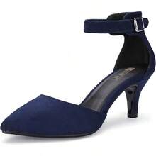 Women's IN3 D'Orsay Pumps Low Kitten Heels For Women Dress Shoes Pointed Closed Toe Wedding Bride Ankle Strap Dressy Silver Black Nude White Gold Heels For Women-2025 - 藍色絨面革 - 查看 1