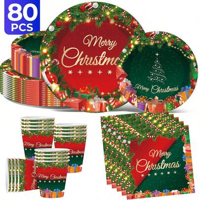 [New Arrivals For Christmas]Christmas Themed 100pcs/Set Disposable Cutlery Set, Including 7-Inch Paper Tray, 9-Inch Cardboard, 9-Ounce Cup, Napkins, Suitable For Daily Gatherings, Birthday Parties, Bridal Showers, Baby Showers, Clubs, Weddings, Tea Parties, Picnics, Outdoor Outings, And Themed Parties, Family Dinner Supplies, Christmas Party Supplies