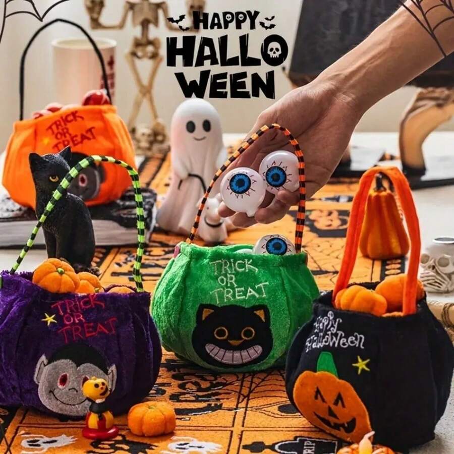 1/4 件可重复使用的万圣节讨糖篮子套装 - 南瓜、女巫和吸血鬼设计糖果零食礼品袋