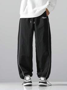 Herren Buchstaben-Muster Kordelzug Taille lockere lässige lange Hose, geeignet für Straße, Alltag, Outdoor, Laufen, Fitness, Freizeitsport - Schwarz - Übersicht 8