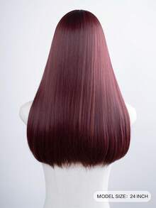 1顶带刘海的耐热合成假发，长直红发，24英寸，纤维材质，适合日常佩戴和派对，高度逼真。 - 紅色 - 查看 4