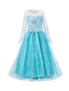 6 pièces/set Ensemble accessoire de robe cape à manches longues transparentes avec motif floral bleu ciel pour filles, costume de princesse pour enfants pour fête, carnaval - Bleu ciel - Voir 3