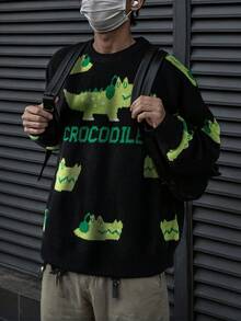 Suéter masculino casual folgado de cor sólida com estampa fofa de crocodilo e letras, ideal para outono e inverno.