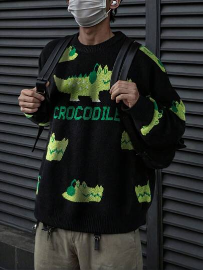 Suéter masculino casual folgado de cor sólida com estampa fofa de crocodilo e letras, ideal para outono e inverno.