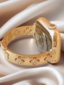 1 pieza Compatible con la correa de Apple Watch Correa de Apple Watch Pulsera de metal dorado delgada Compatible con Apple Watch Mujer - Patrón geométrico de talla calada con flores y rhinestones, correa ajustable sin herramientas, regalo para ella, compatible con Apple Watch, compatible con Apple Watch Ultra, accesorios de Apple Watches, accesorios de joyería de moda para todas las estaciones