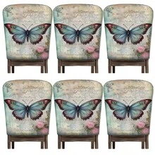 2/4/6 piezas Fundas de silla con estampado de mariposa de lino, adecuadas para decoración del hogar, sala de estar, comedor, jardín, hotel, fiesta, material de poliéster lavable