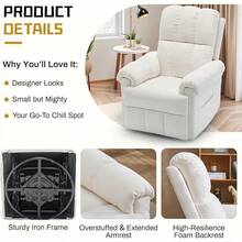 Recliner Chair, Swivel Rocker Recliner Chair Adults, Small Recliners Small Spaces, Upholstered Manual Recliner With Side Pockets, Nursery Rocking Chair Living Room, Chenille, Beige - 米色 - 查看 8