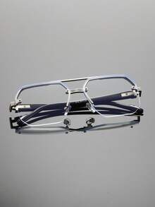 1 Pair Unisex Silver Geometric Half-Frame Metal Glasses, Suitable For Reading, Gaming, Computer, Phone Use, Anti-Fatigue Clear Lens Accessory - Yinping - View 2