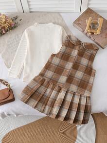 Toddler Girls' Fashion Cute Casual 2-Piece Set: Turtleneck Apricot T-Shirt + Plaid Collar Pleated Dress