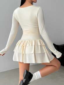 1 peça elegante vestido curto casual de malha com várias camadas e babados, adequado para outono/inverno, feriados, festas de aniversário, uso diário