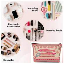 复古沙丁鱼图案男女通用化妆包，可折叠大容量拉链袋，方便的旅行必备品，多功能零钱包，铅笔盒，适合送给孩子、朋友、同学、老师、情人节、圣诞节、感恩节、母亲节、儿童节、返校节、毕业典礼的绝佳礼物 - 珊瑚粉 - 查看 2